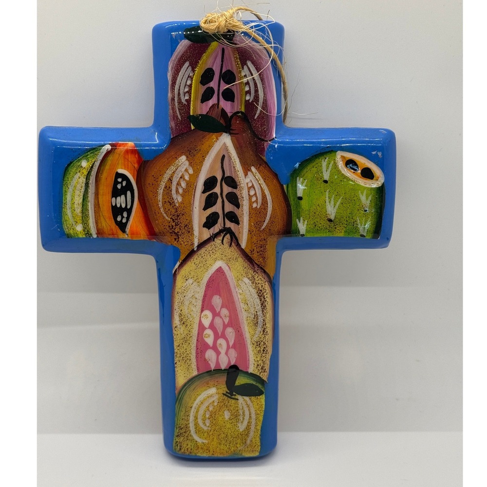 Vintage Mexican Wall Cross Hand Painted Ceramic Pottery